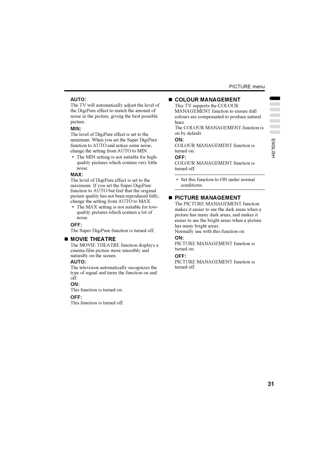 JVC LT-26C50BU, LT-26C50SU, LT-32C50BU, LT-32C50SU manual „ Movie Theatre, „ Colour Management, „ Picture Management 