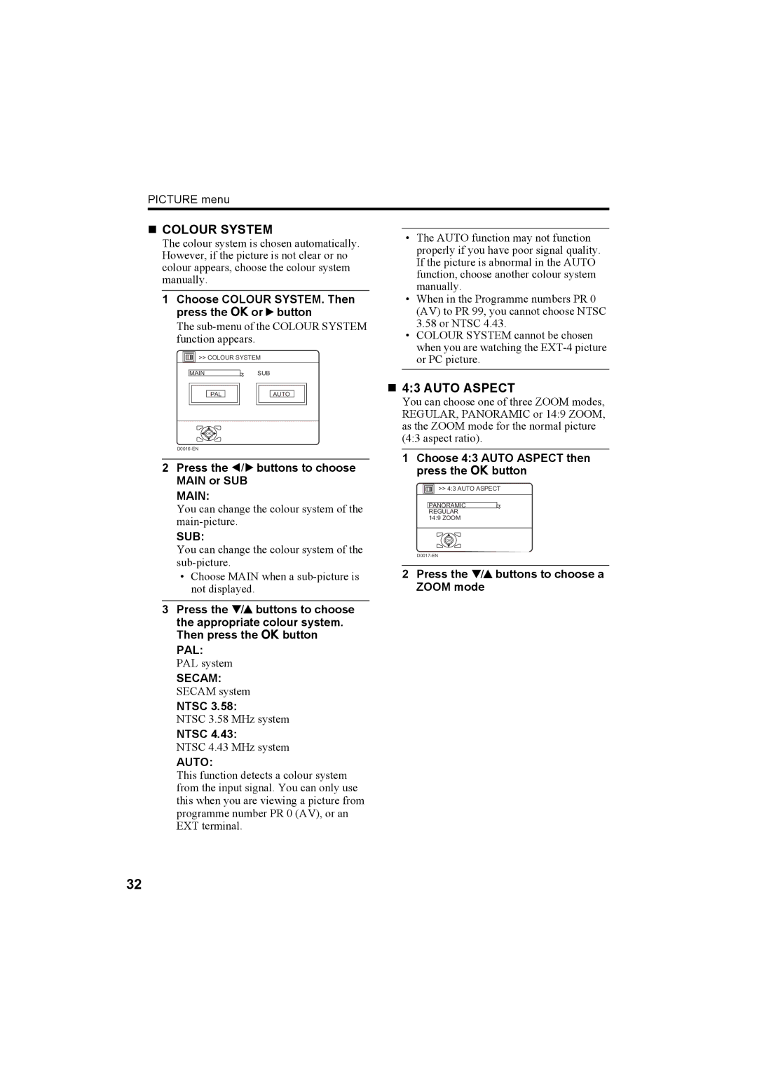 JVC LT-26C50SU, LT-26C50BU, LT-32C50BU, LT-32C50SU manual „ Colour System, „ 43 Auto Aspect 