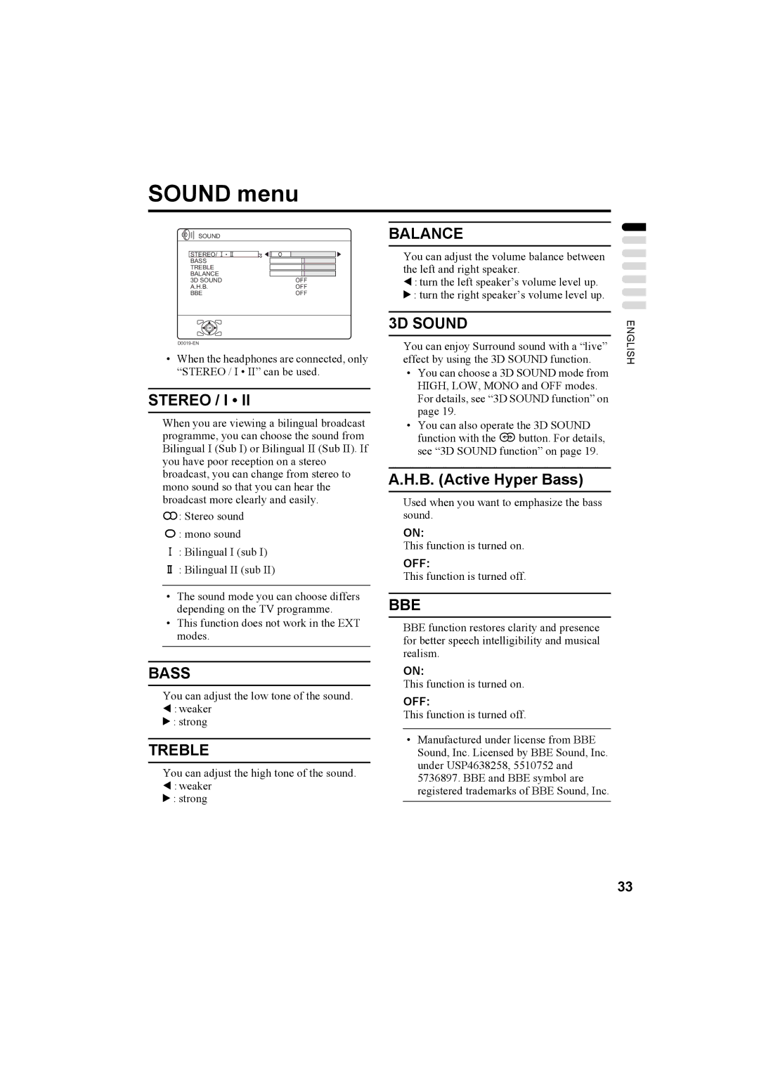 JVC LT-32C50BU, LT-26C50BU, LT-26C50SU, LT-32C50SU manual Sound menu 