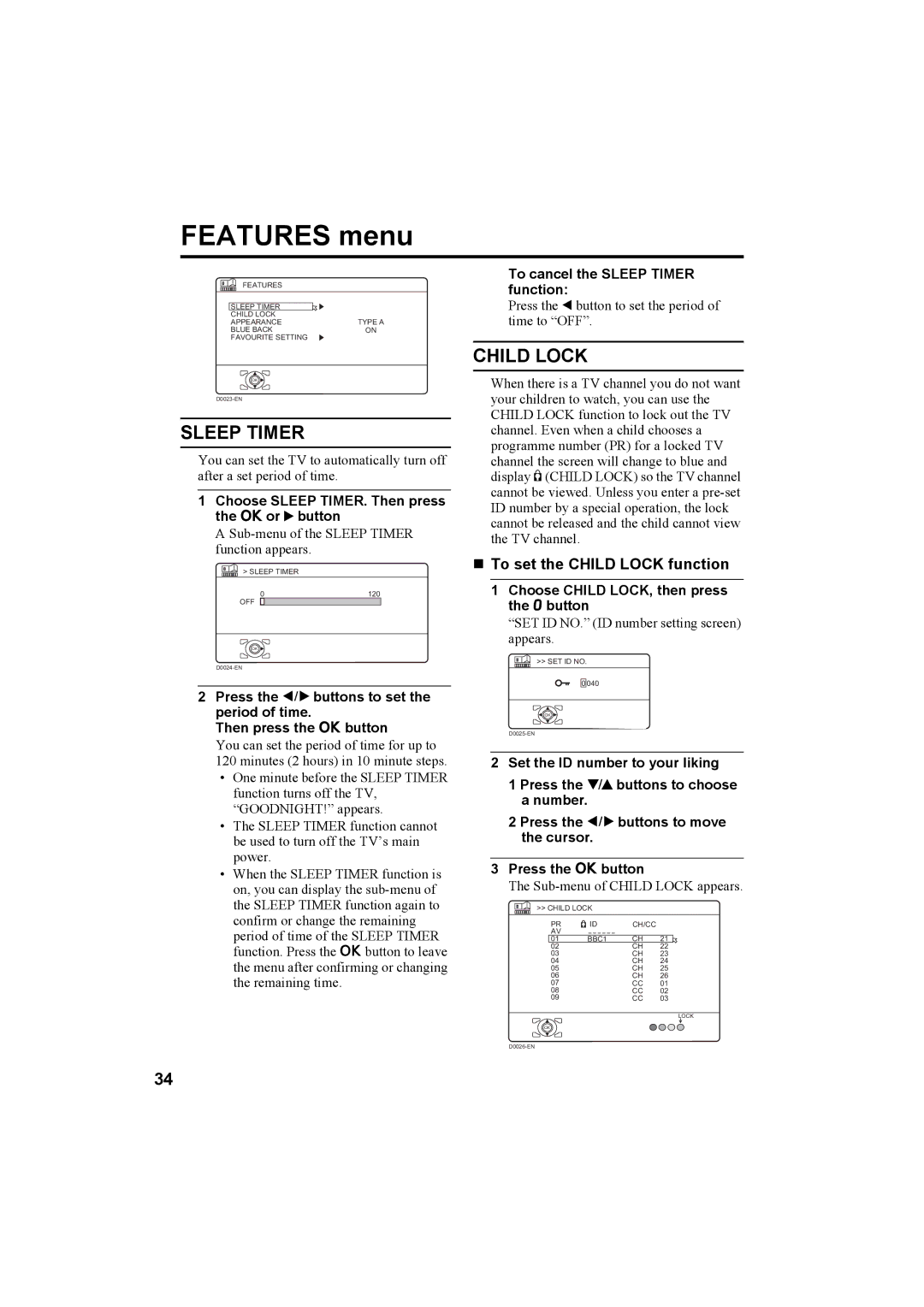 JVC LT-32C50SU, LT-26C50BU, LT-26C50SU, LT-32C50BU manual Features menu, Sleep Timer, „ To set the Child Lock function 