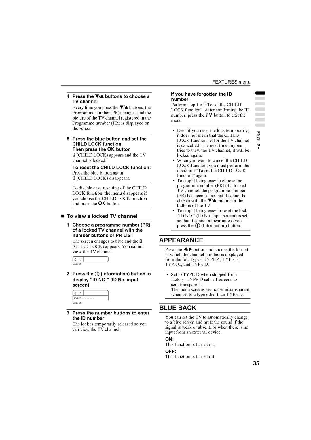 JVC LT-26C50BU, LT-26C50SU, LT-32C50BU, LT-32C50SU manual Appearance, Blue Back, „ To view a locked TV channel 