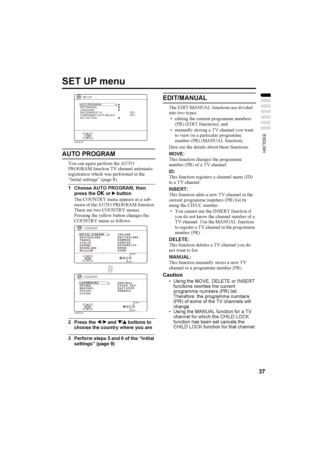 JVC LT-32C50BU, LT-26C50BU, LT-26C50SU, LT-32C50SU manual SET UP menu, Auto Program, Edit/Manual 