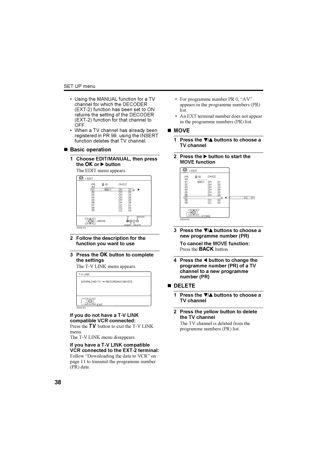 JVC LT-32C50SU, LT-26C50BU manual „ Basic operation, „ Move, „ Delete, Choose EDIT/MANUAL, then press the a or 3 button 