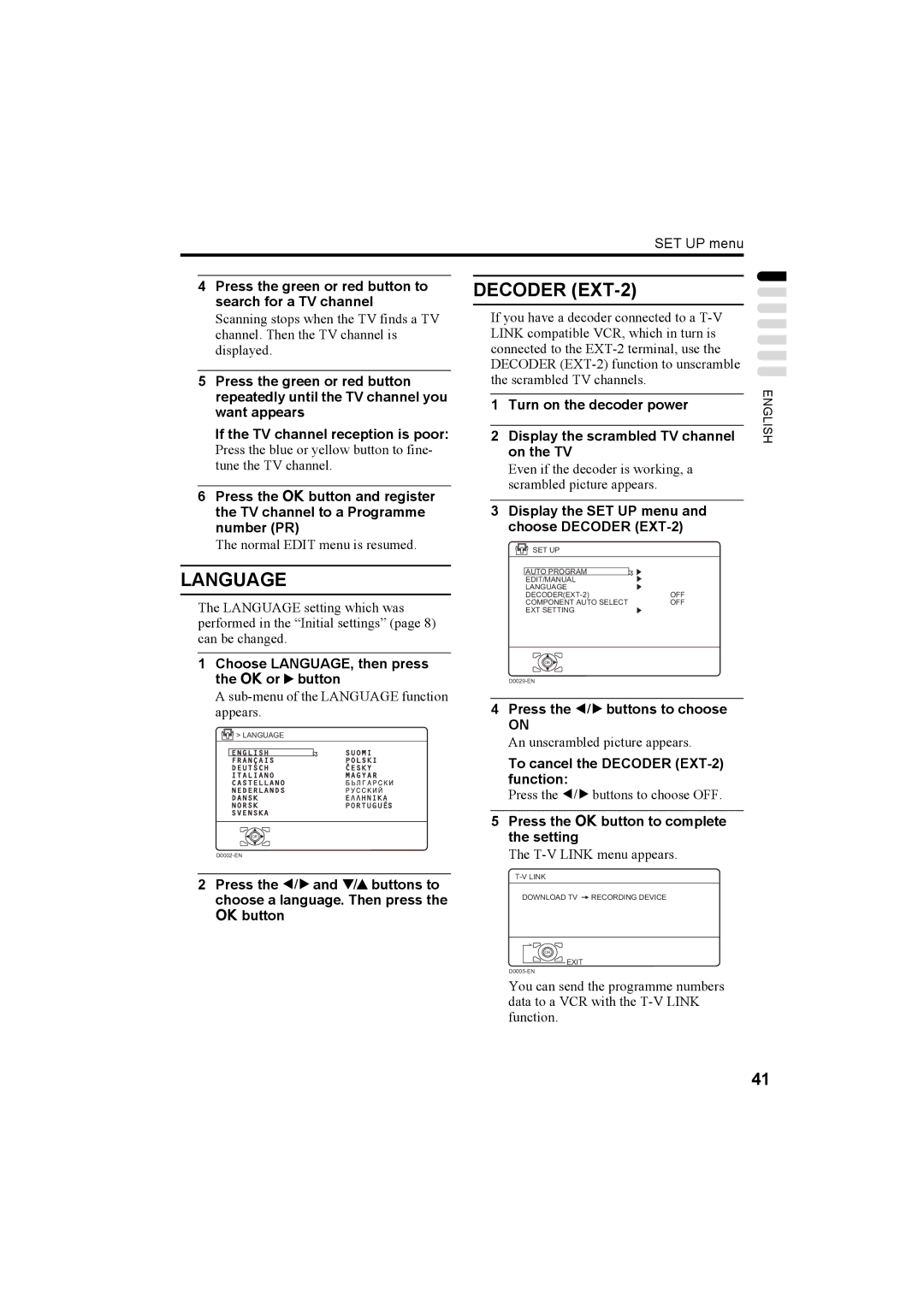 JVC LT-32C50BU, LT-26C50BU, LT-26C50SU, LT-32C50SU manual Language, Decoder EXT-2 