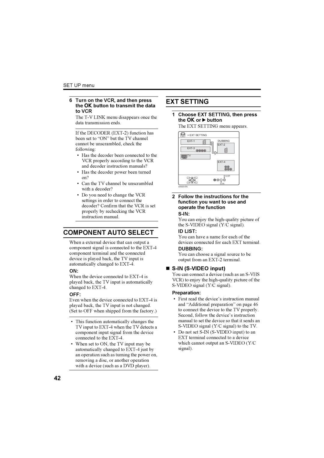 JVC LT-32C50SU, LT-26C50BU, LT-26C50SU manual EXT Setting, Component Auto Select, „ S-IN S-VIDEO input, ID List, Dubbing 