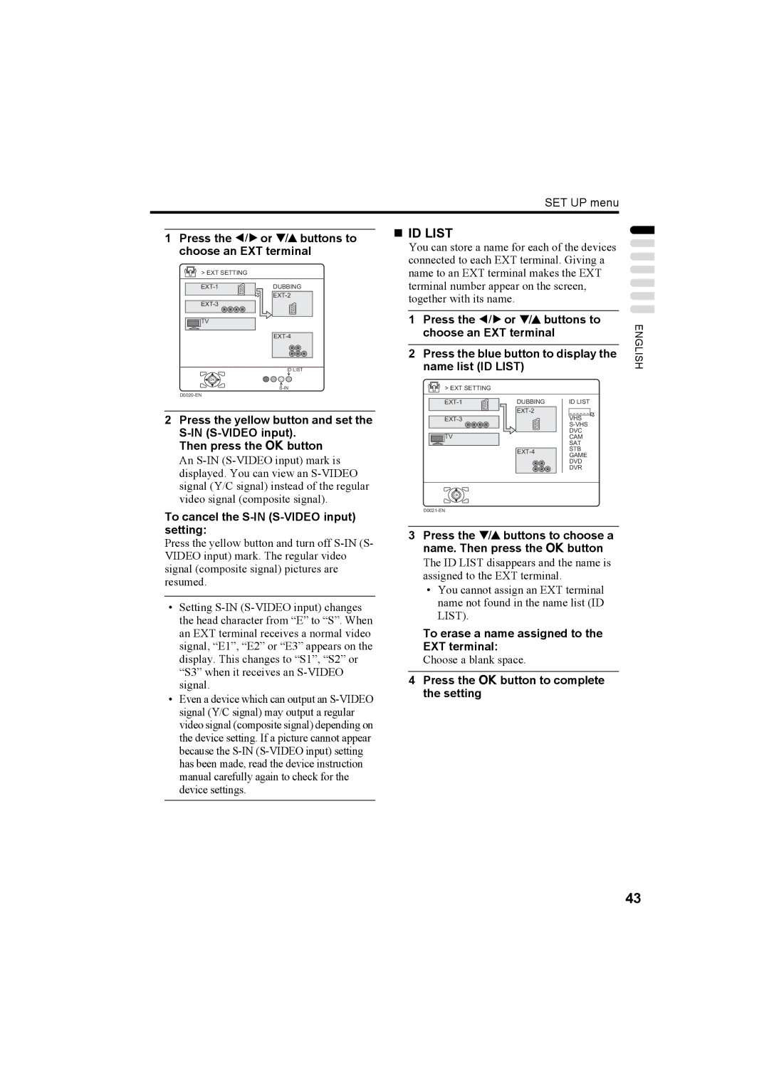 JVC LT-26C50BU „ ID List, Press the 5 or 6 buttons to choose an EXT terminal, To cancel the S-IN S-VIDEO input setting 