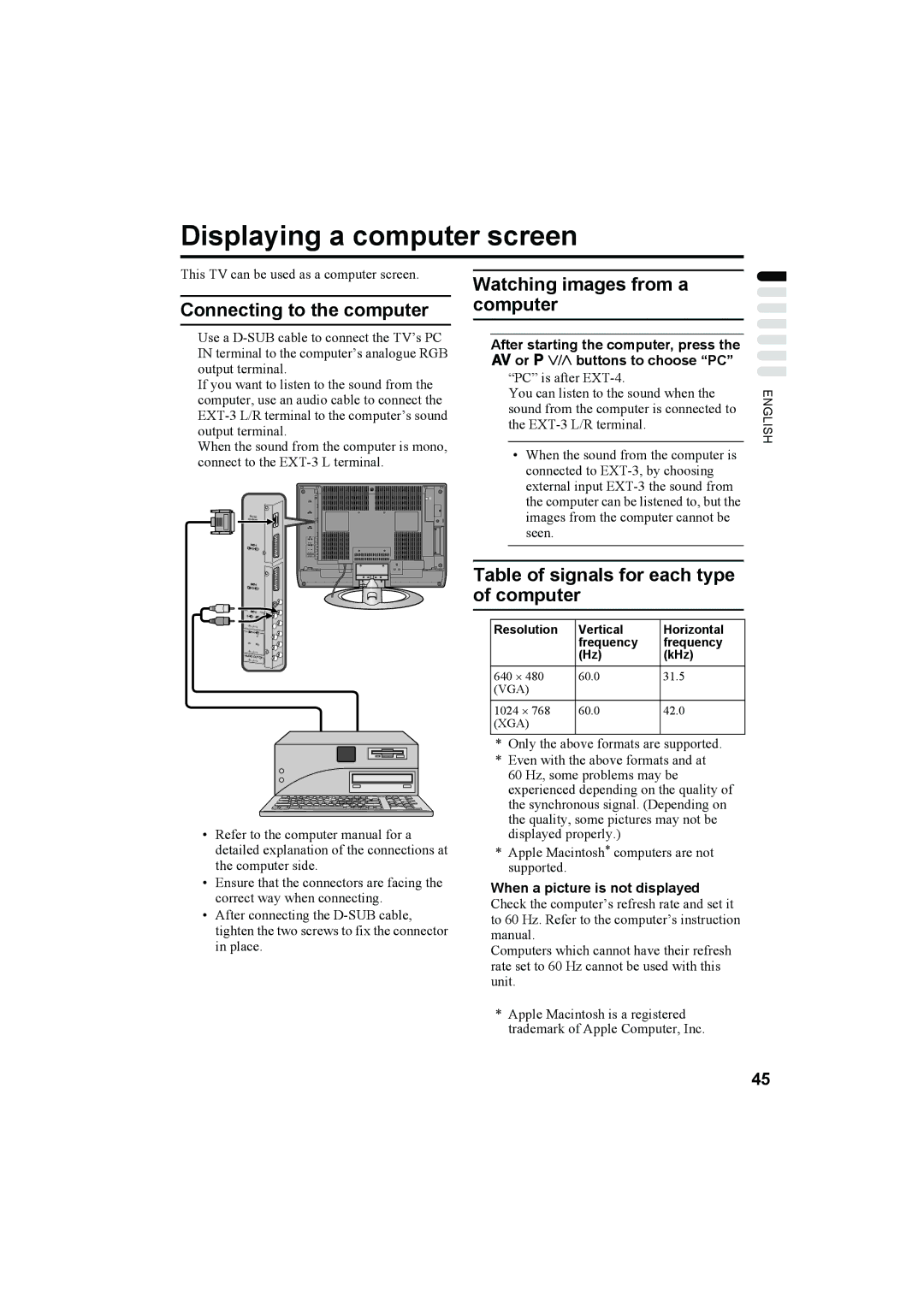 JVC LT-32C50BU, LT-26C50BU manual Displaying a computer screen, Connecting to the computer, Watching images from a computer 