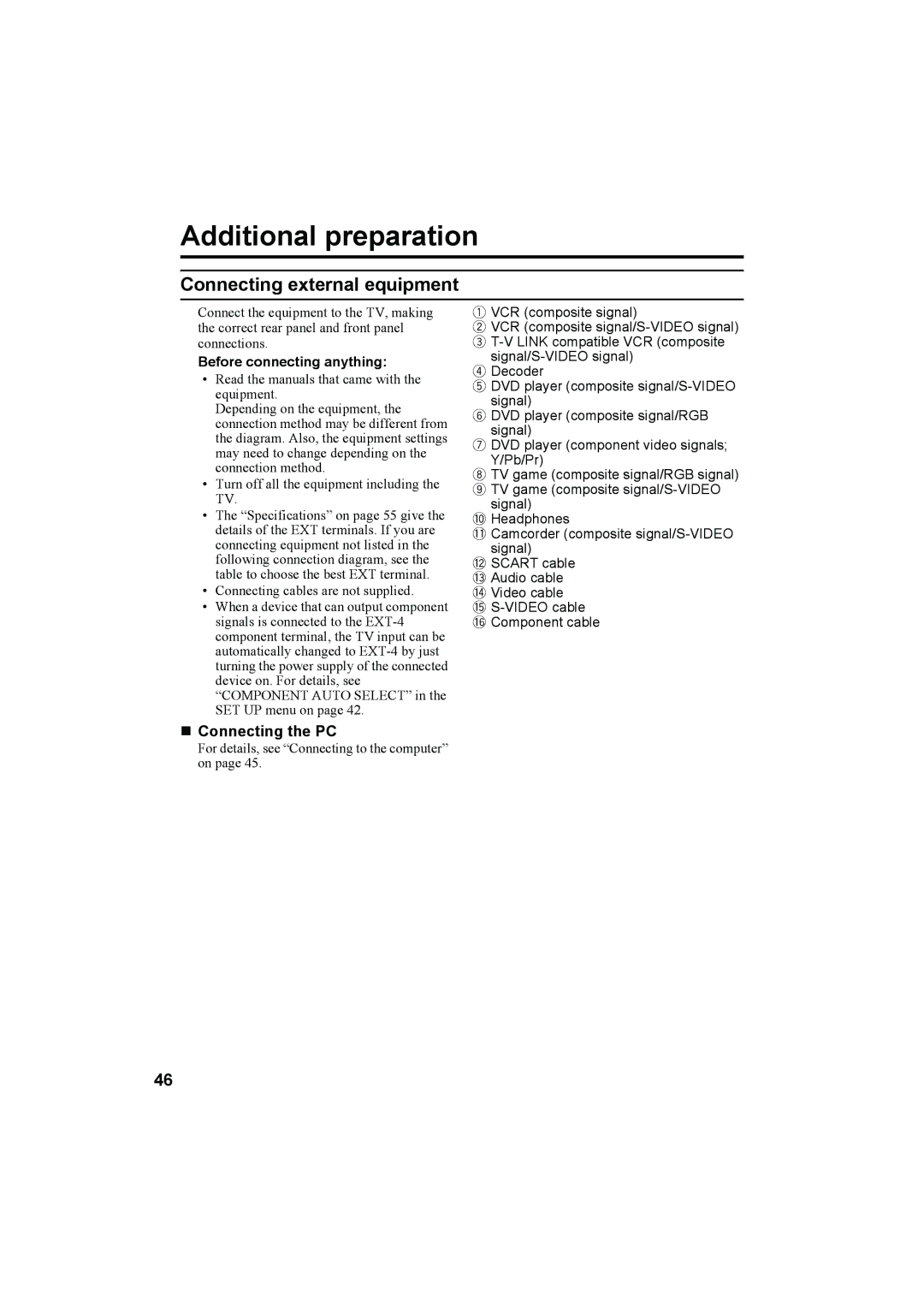 JVC LT-32C50SU Additional preparation, Connecting external equipment, „ Connecting the PC, Before connecting anything 