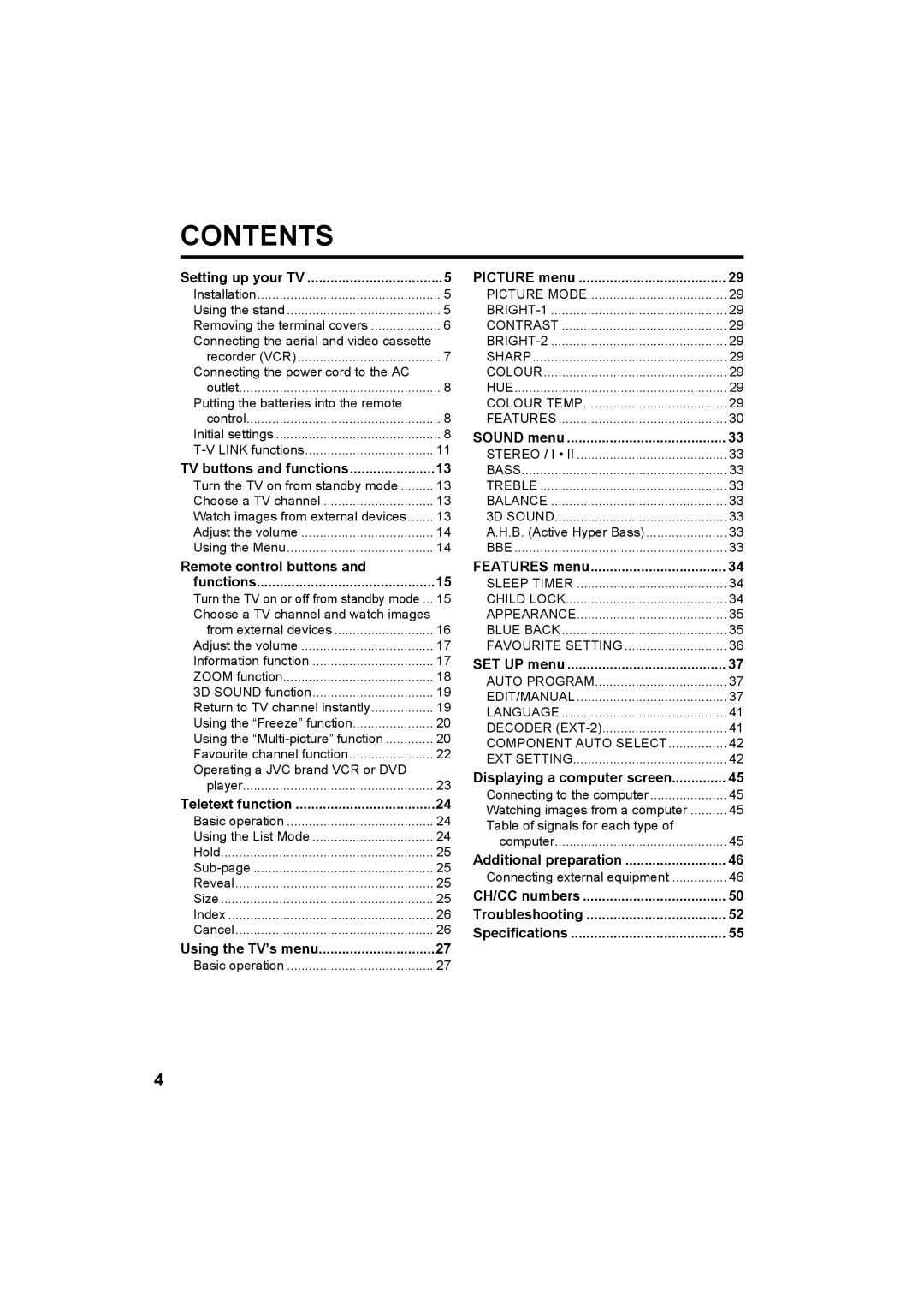 JVC LT-26C50SU, LT-26C50BU, LT-32C50BU, LT-32C50SU manual Contents 