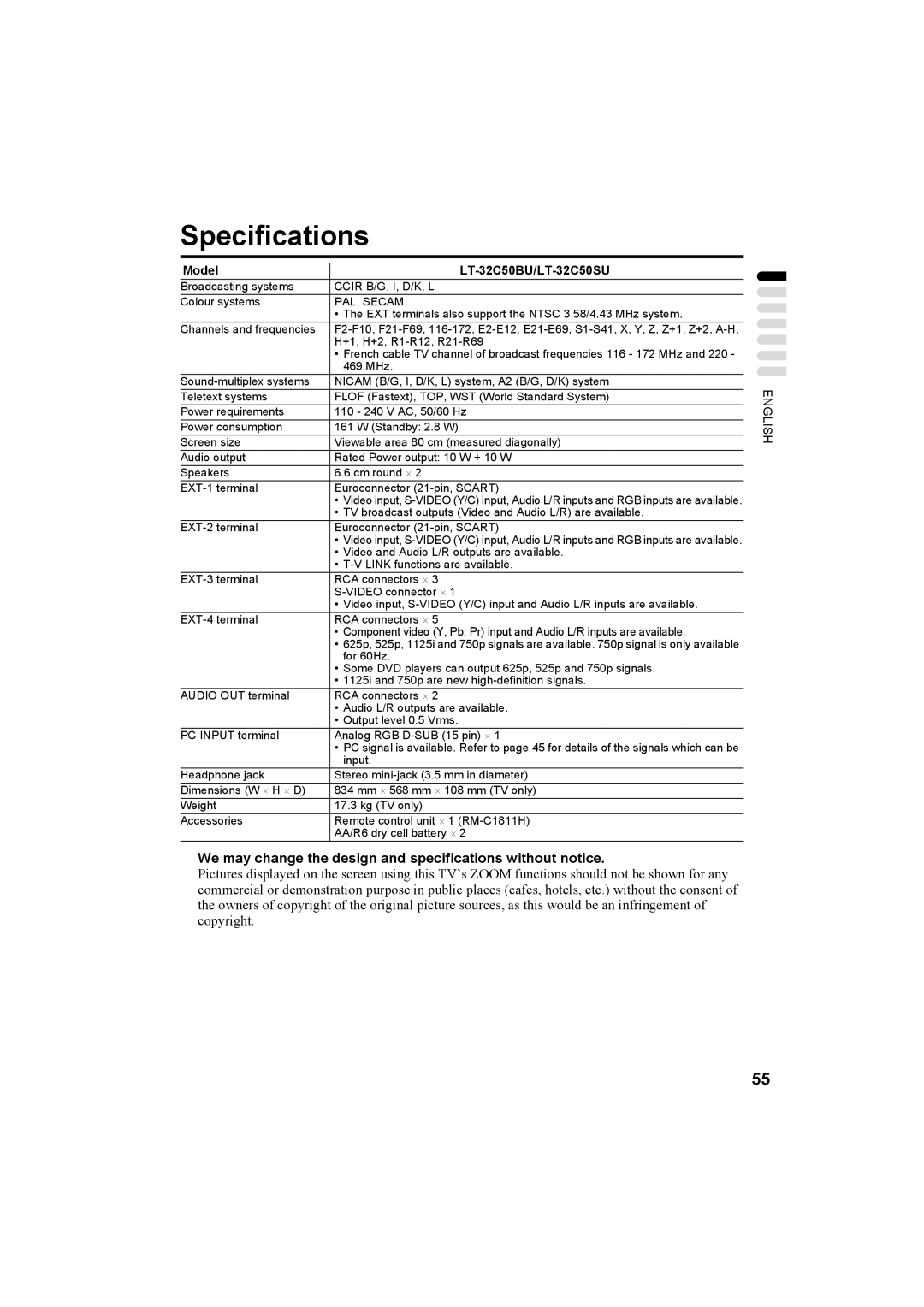 JVC LT-26C50BU, LT-26C50SU, LT-32C50BU manual Specifications, We may change the design and specifications without notice 