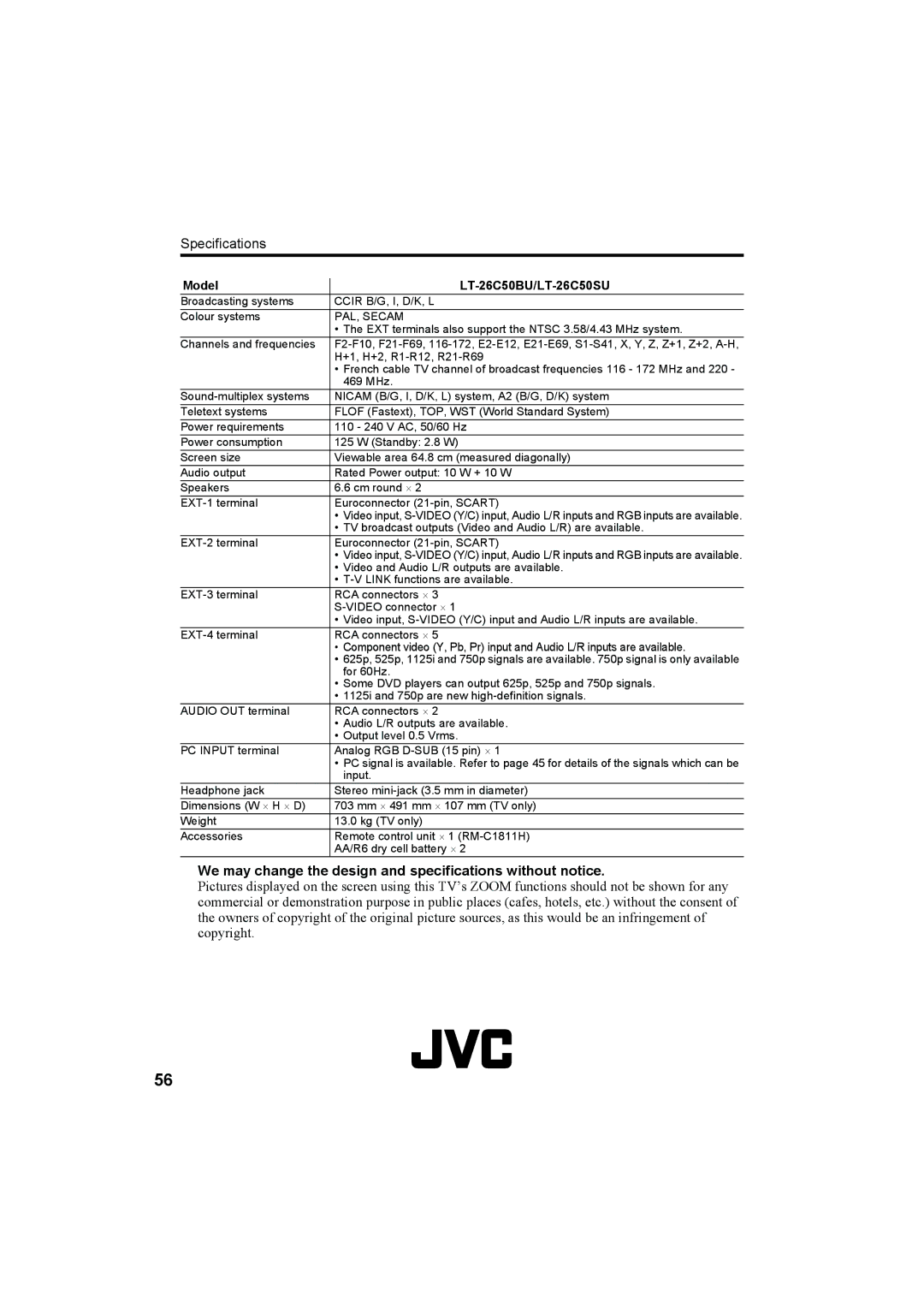 JVC LT-26C50SU, LT-26C50BU, LT-32C50BU, LT-32C50SU manual Specifications 