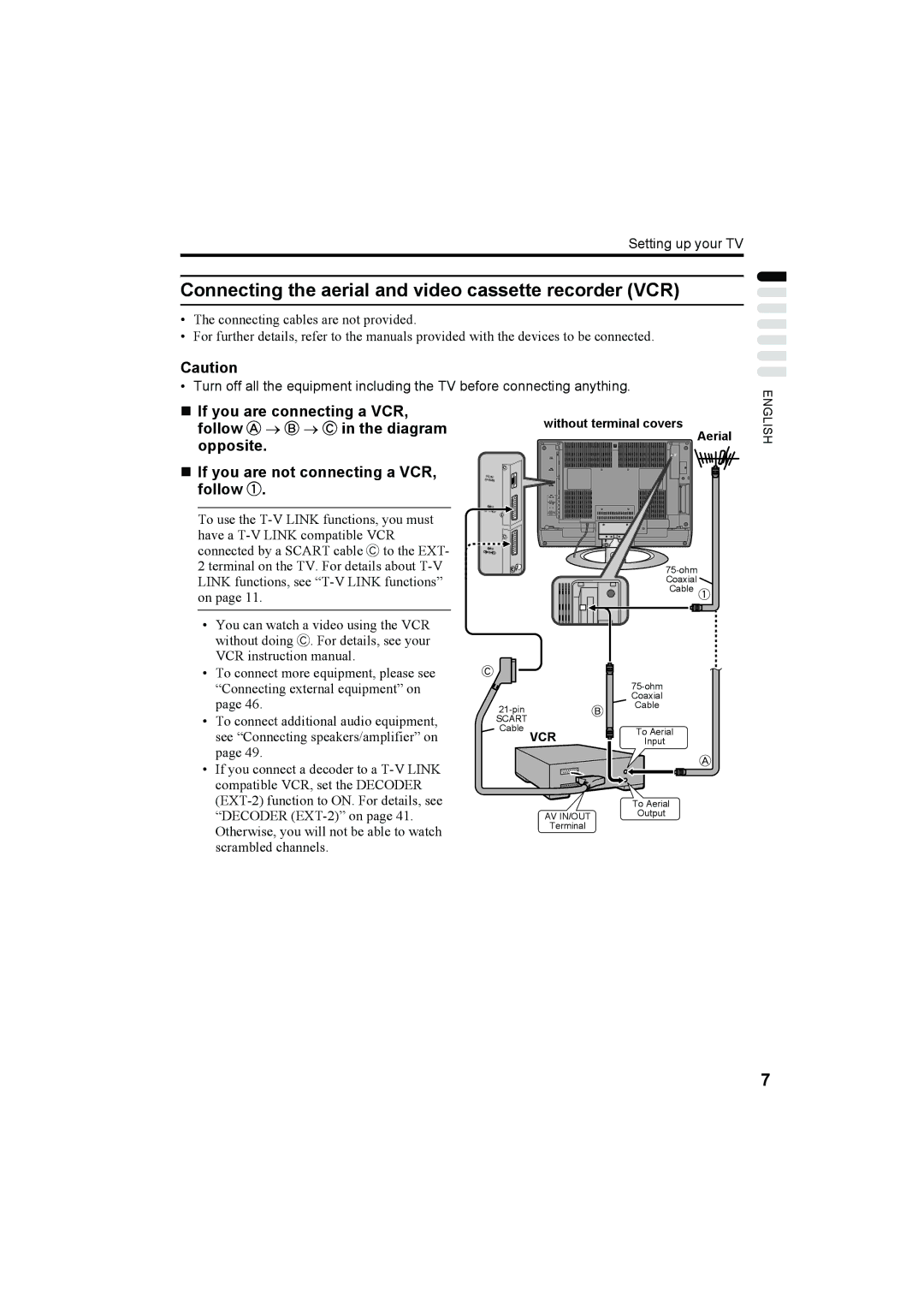 JVC LT-26C50BU, LT-26C50SU, LT-32C50BU, LT-32C50SU manual Connecting the aerial and video cassette recorder VCR 