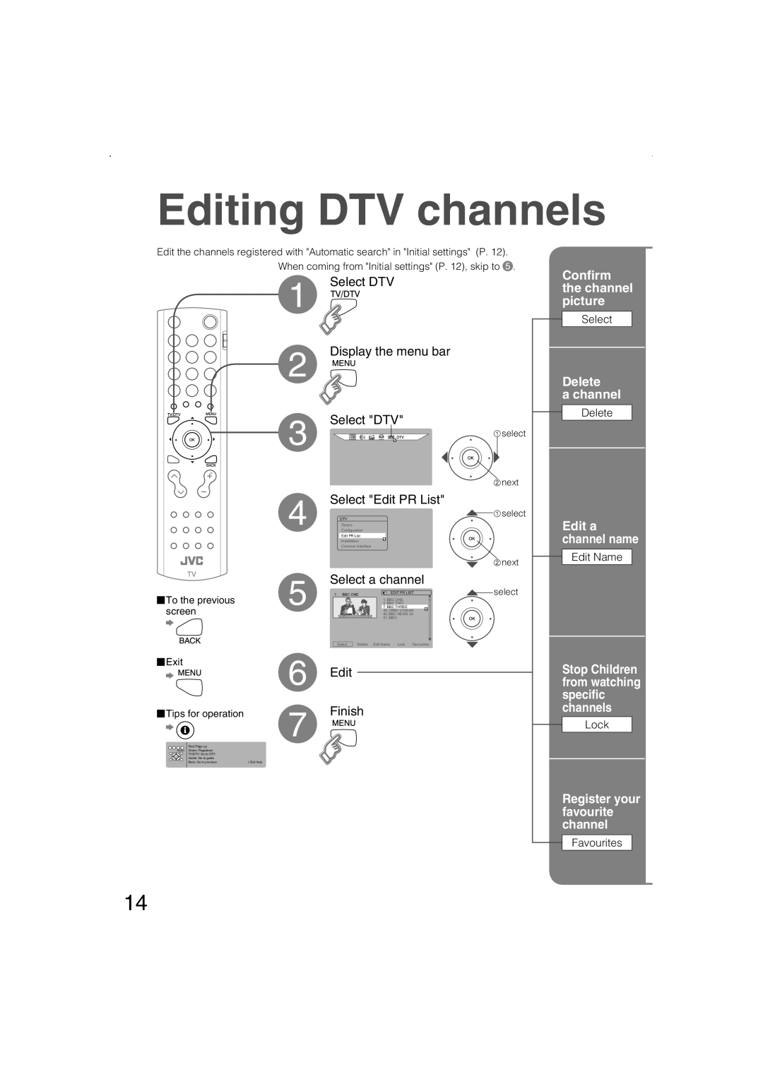 JVC LT-32DS6BJ, LT-26DS6BJ, LT-26DS6SJ, LT-32DS6SJ manual Editing DTV channels, Conﬁrm the channel picture, Delete Channel 