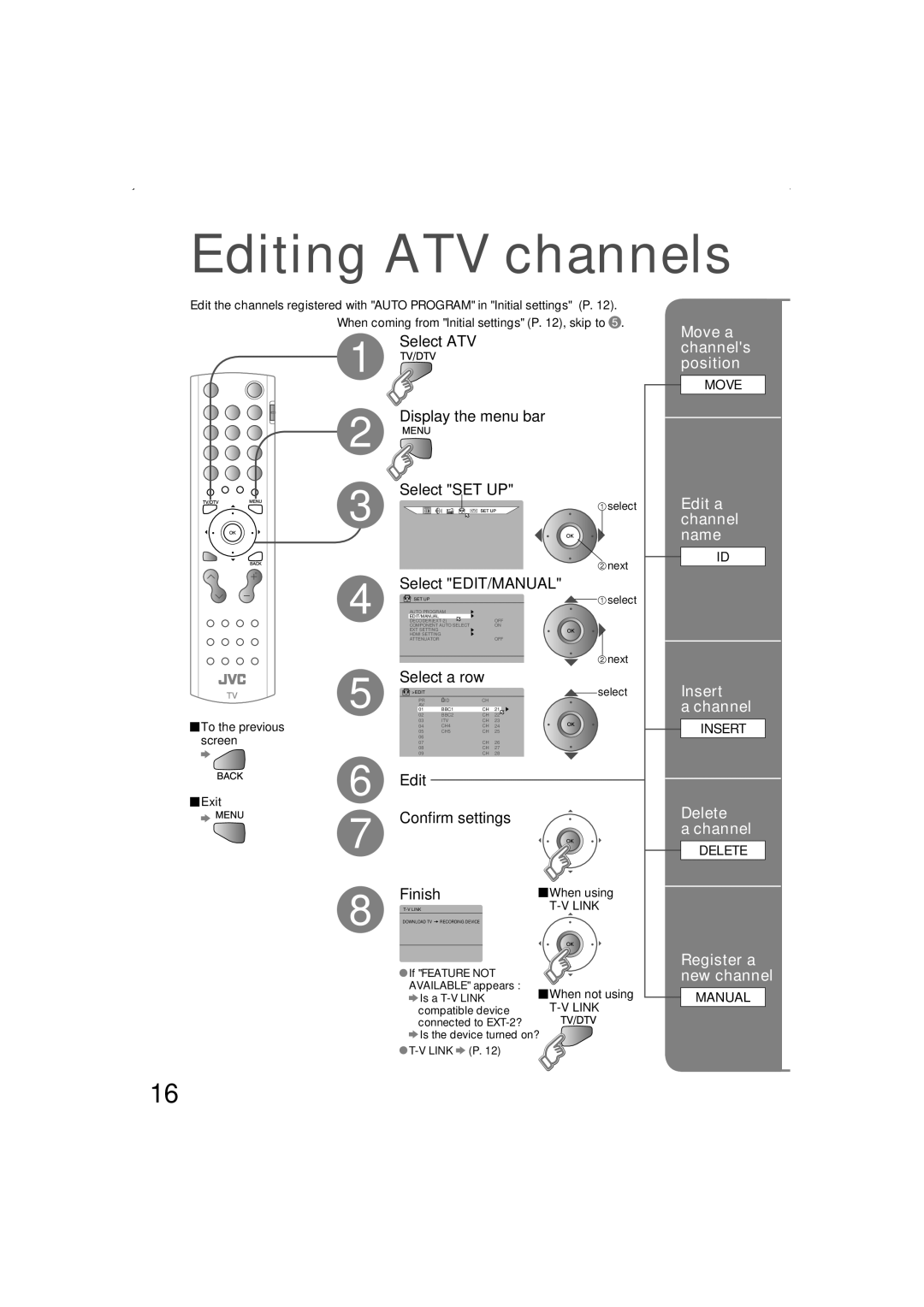 JVC LT-26DS6BJ, LT-26DS6SJ, LT-32DS6BJ Editing ATV channels, Move a channels position, Edit a channel name Insert Channel 