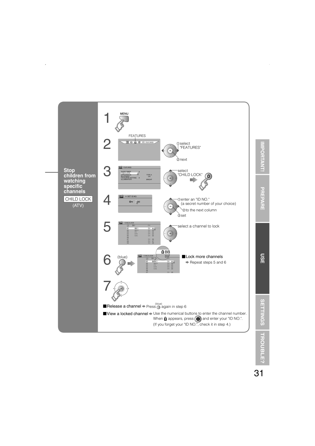 JVC LT-32DS6SJ, LT-26DS6BJ, LT-26DS6SJ, LT-32DS6BJ manual Child Lock, Select a channel to lock, Lock more channels 