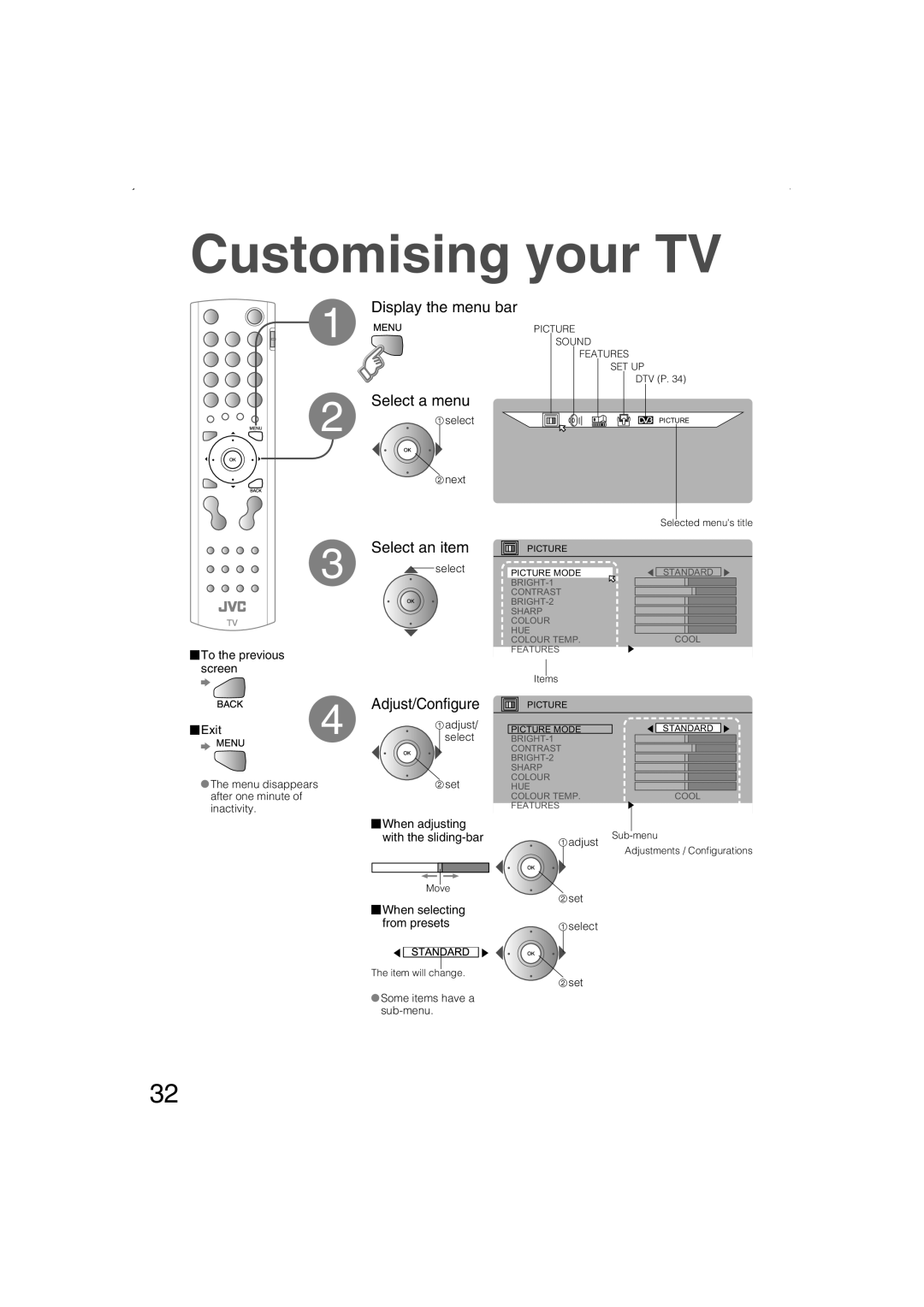 JVC LT-26DS6BJ, LT-26DS6SJ manual Customising your TV, To the previous screen Exit4, When adjusting with the sliding-bar 