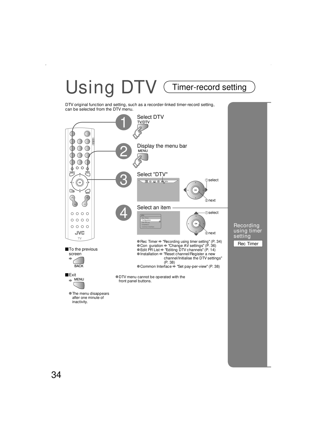 JVC LT-32DS6BJ, LT-26DS6BJ, LT-26DS6SJ, LT-32DS6SJ manual Recording using timer setting, Rec Timer, To the previous, Screen 