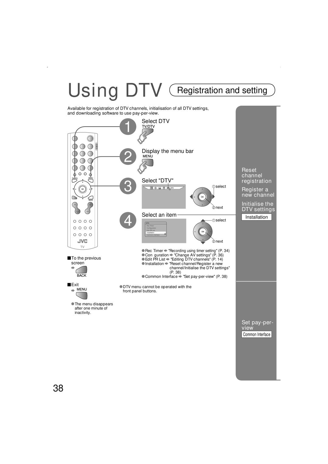 JVC LT-32DS6BJ Reset channel registration, Initialise the DTV settings, Set pay-per- view, Installation, Common Interface 