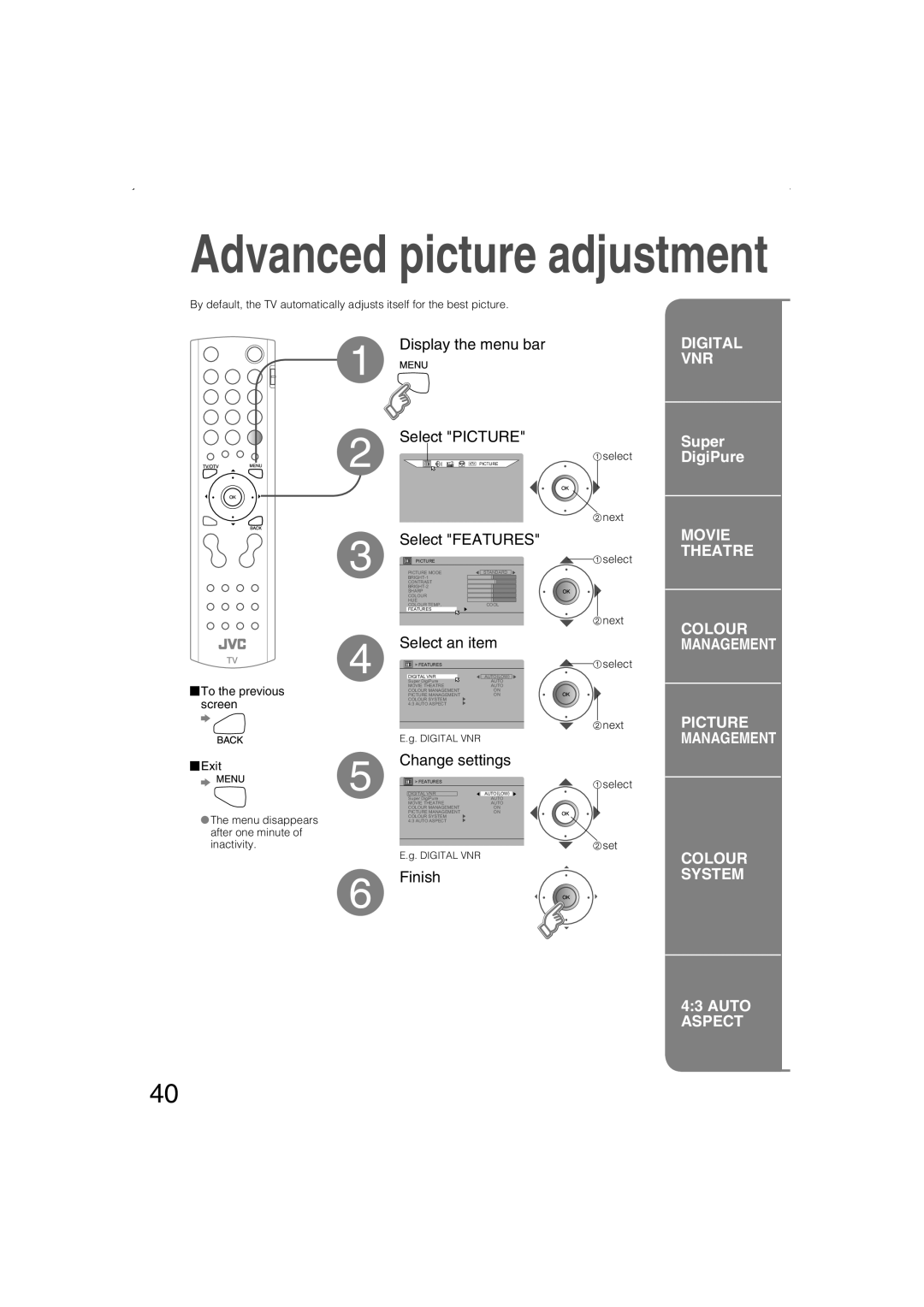 JVC LT-26DS6BJ, LT-26DS6SJ, LT-32DS6BJ, LT-32DS6SJ manual Super DigiPure, To the previous screen Exit 