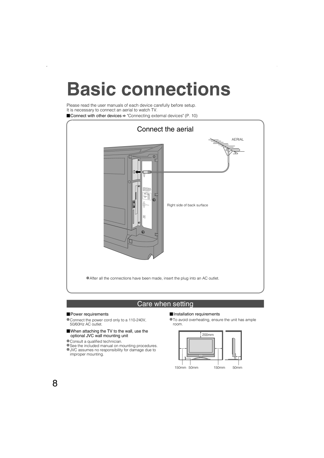 JVC LT-26DS6BJ, LT-26DS6SJ Basic connections, Care when setting, Power requirements, Installation requirements, Aerial 