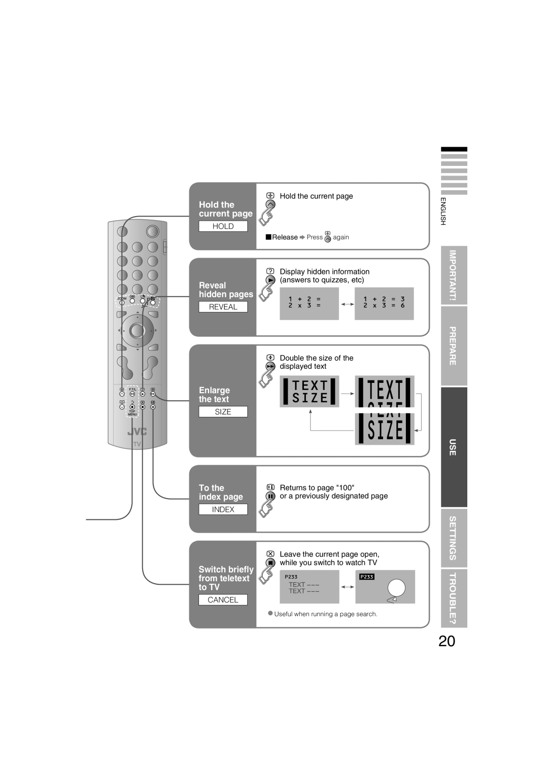 JVC LT-26S60SU, LT-26S60BU manual Hold the current, Enlarge the text, Display hidden information answers to quizzes, etc 