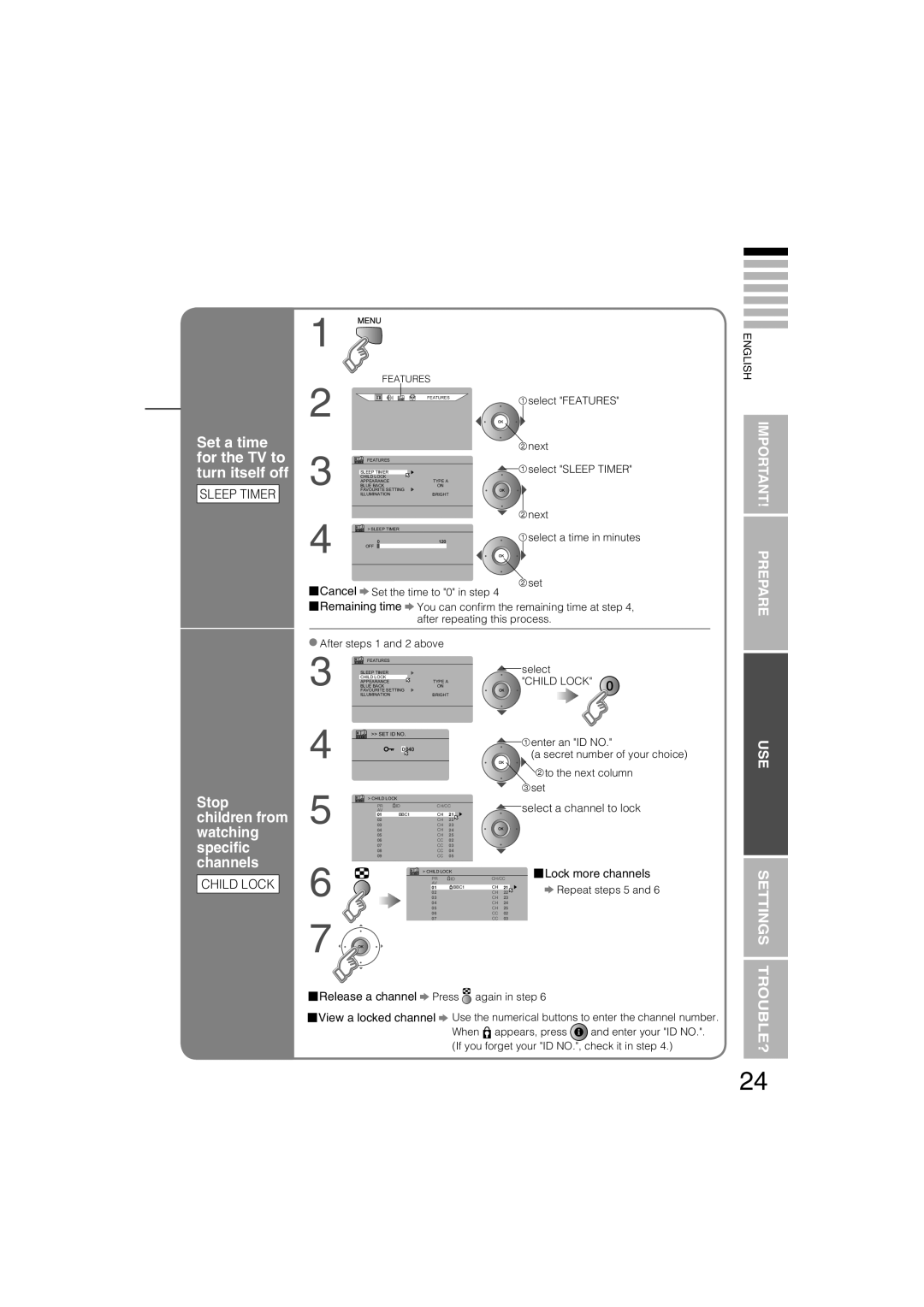 JVC LT-26S60BU, LT-26S60SU manual Set a time for the TV to turn itself off, Select a channel to lock Lock more channels 