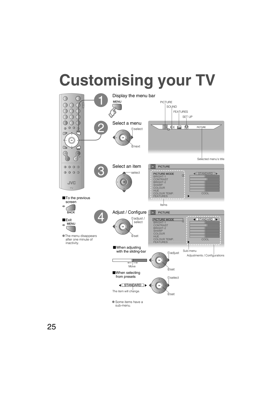 JVC LT-26S60SU, LT-26S60BU, LT-37S60BU, LT-32S60SU Customising your TV, Select a menu, Select an item, Adjust / Conﬁgure 