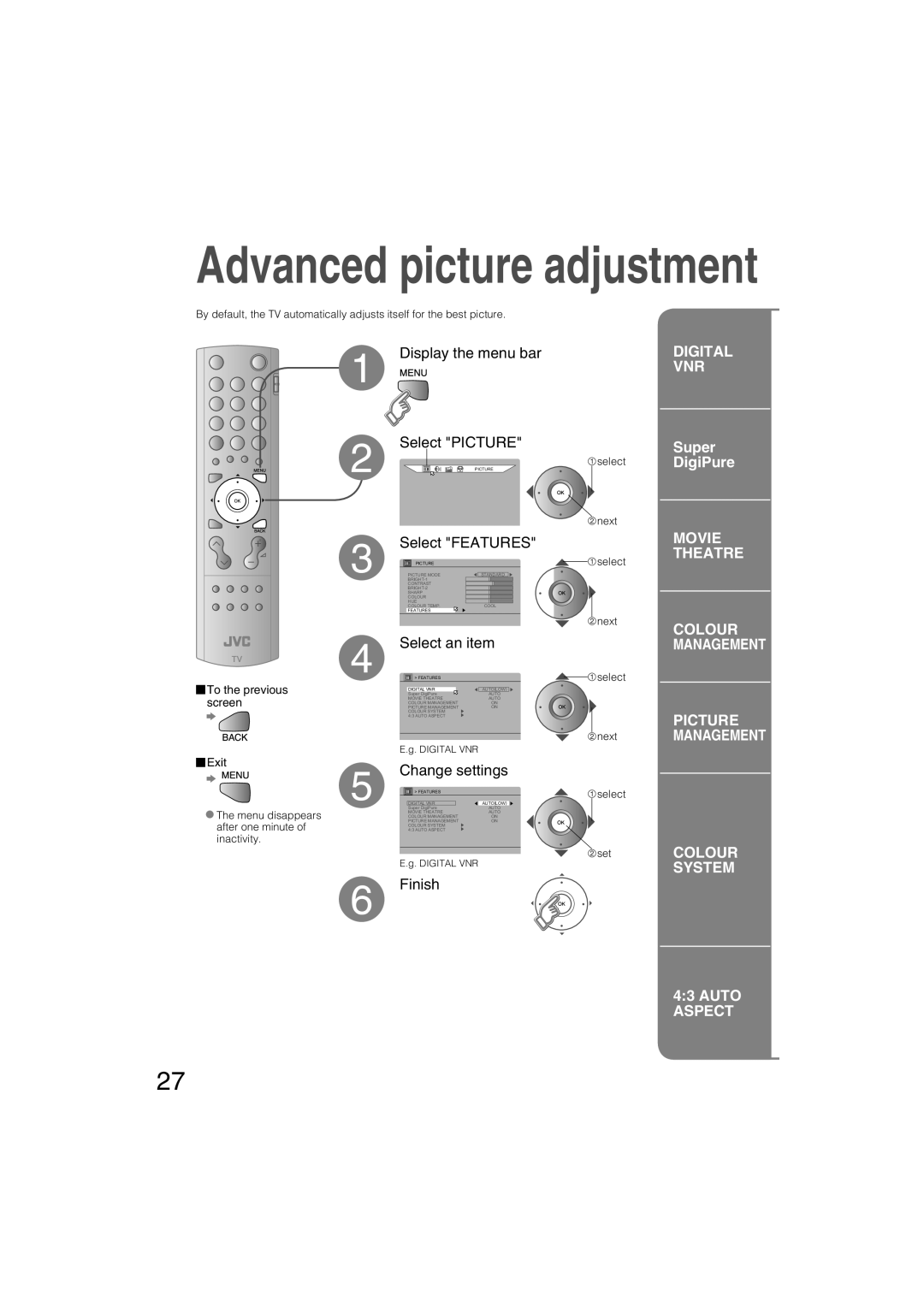 JVC LT-32S60SU, LT-26S60BU, LT-26S60SU Display the menu bar Select Picture, Super DigiPure, To the previous screen Exit 