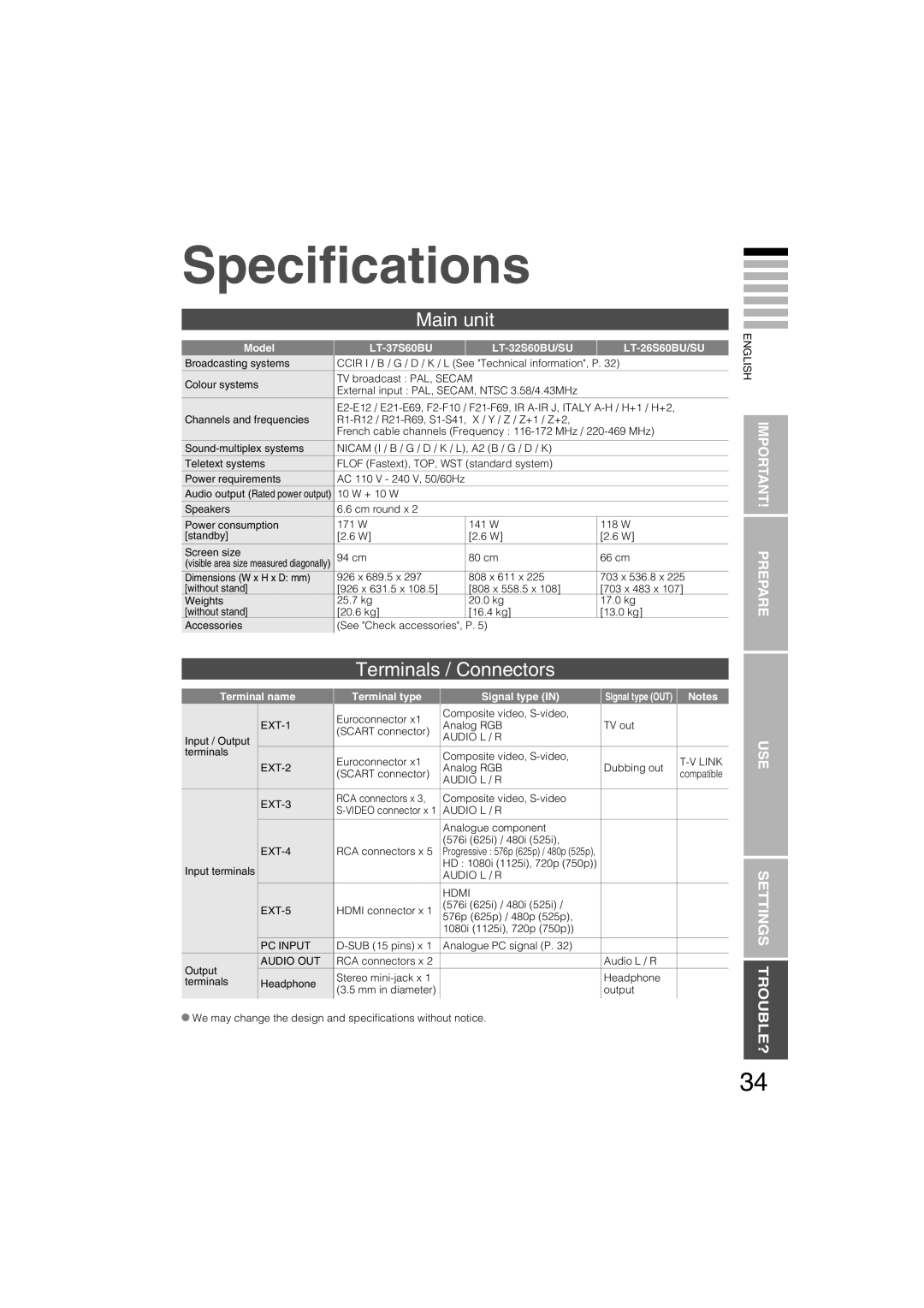 JVC LT-26S60BU, LT-26S60SU, LT-37S60BU, LT-32S60SU, LT-32S60BU manual Speciﬁcations, Main unit 