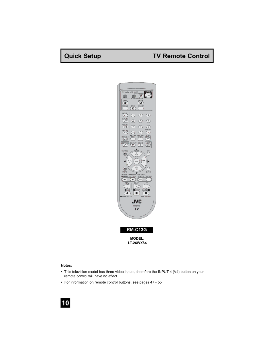 JVC LT-26WX84 manual Quick Setup TV Remote Control 