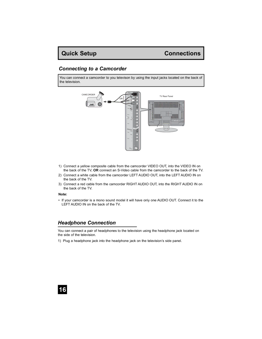 JVC LT-26WX84 manual Connecting to a Camcorder, Headphone Connection 