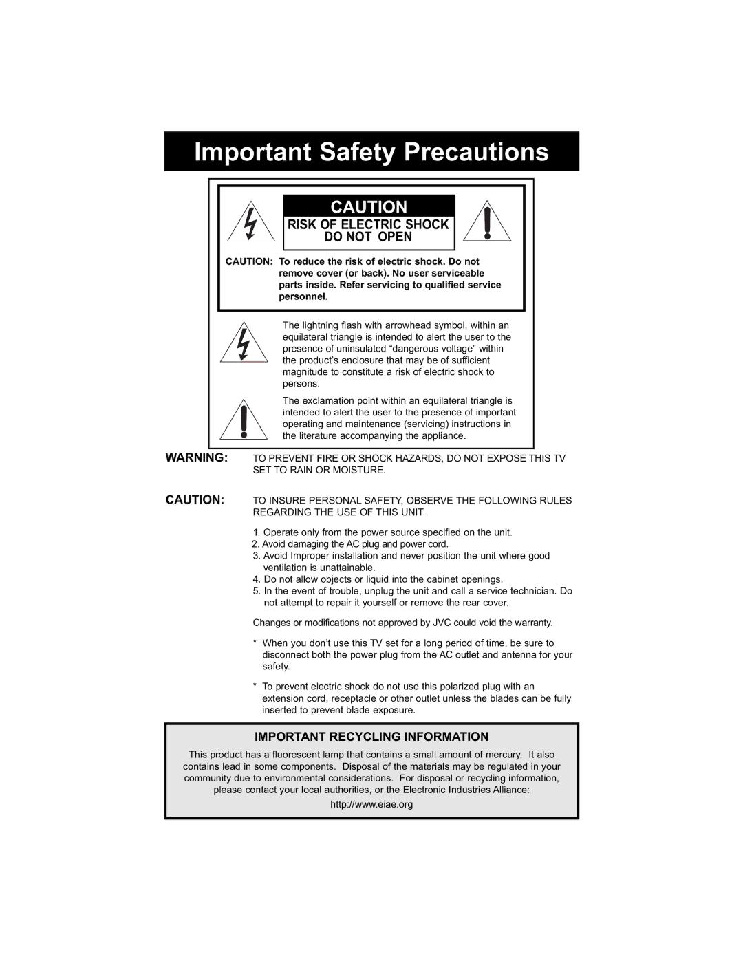 JVC LT-26WX84 manual Important Safety Precautions, Risk of Electric Shock Do not Open 