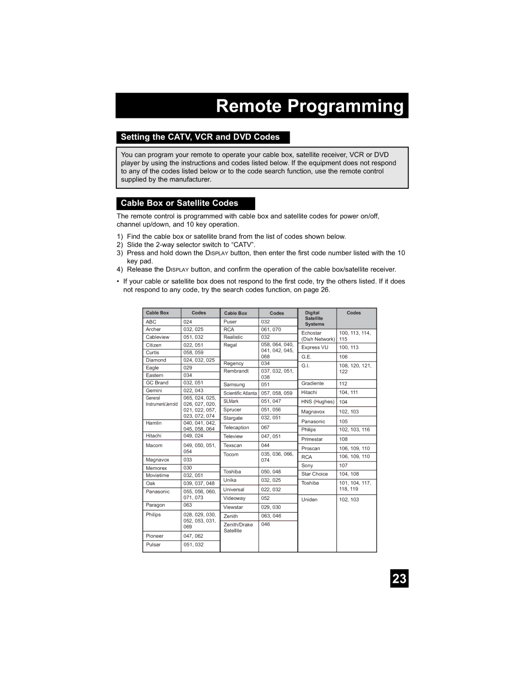 JVC LT-26WX84 manual Remote Programming, Setting the CATV, VCR and DVD Codes, Cable Box or Satellite Codes 