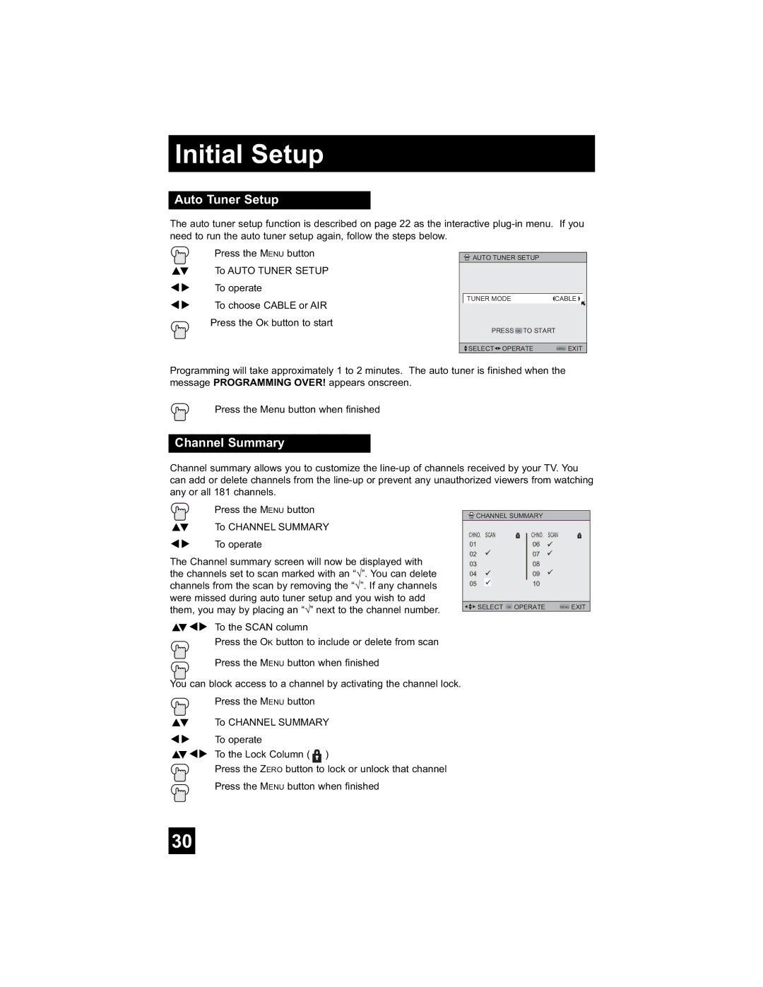 JVC LT-26WX84 manual Initial Setup, Auto Tuner Setup, Channel Summary 