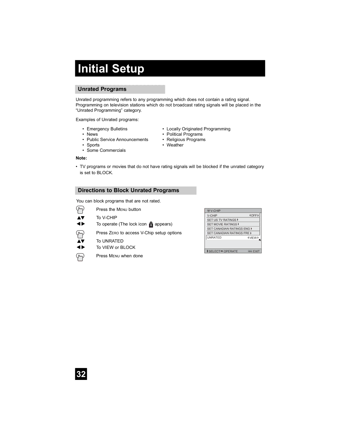 JVC LT-26WX84 manual Directions to Block Unrated Programs 