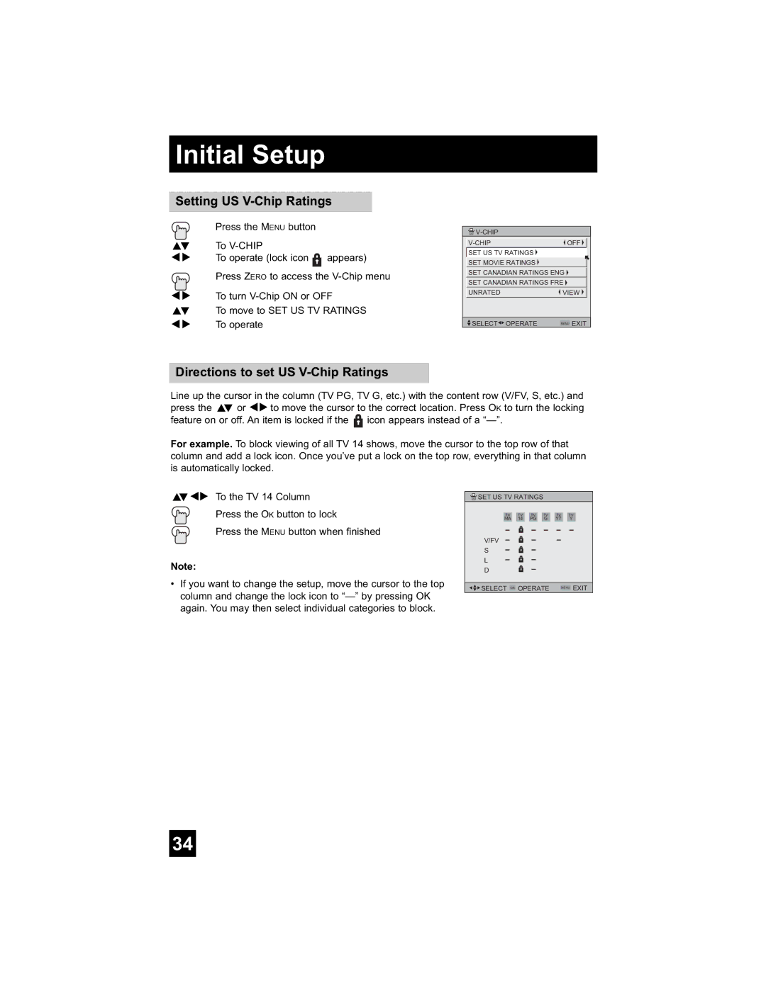 JVC LT-26WX84 manual Setting US V-Chip Ratings, Directions to set US V-Chip Ratings 