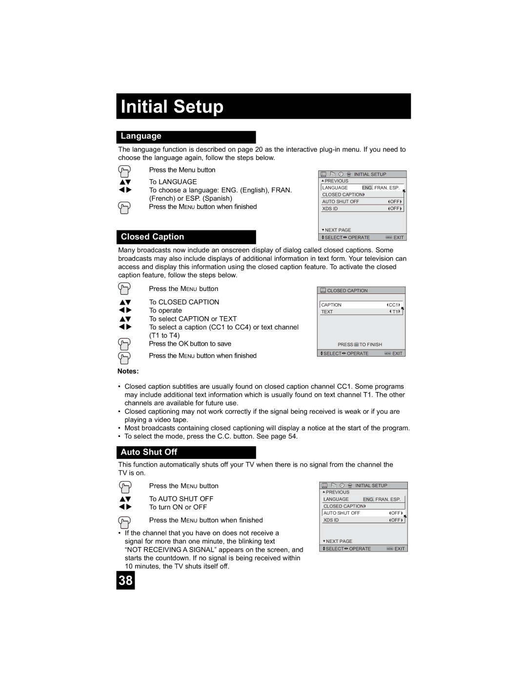 JVC LT-26WX84 manual Language, Closed Caption, Auto Shut Off 