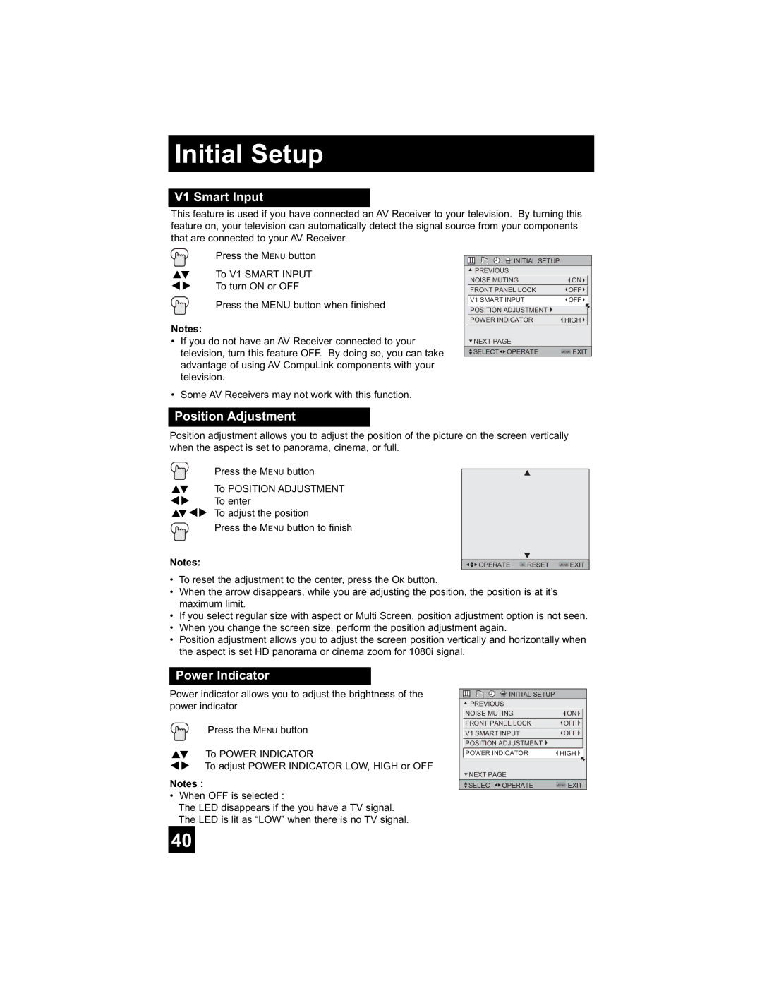 JVC LT-26WX84 manual V1 Smart Input, Position Adjustment, Power Indicator 