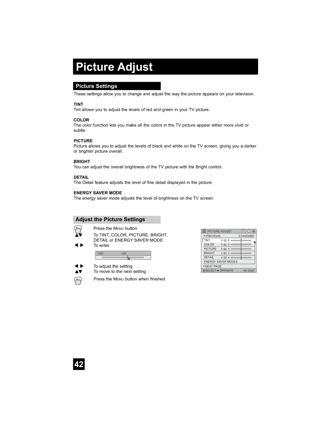 JVC LT-26WX84 manual Picture Adjust, Adjust the Picture Settings 