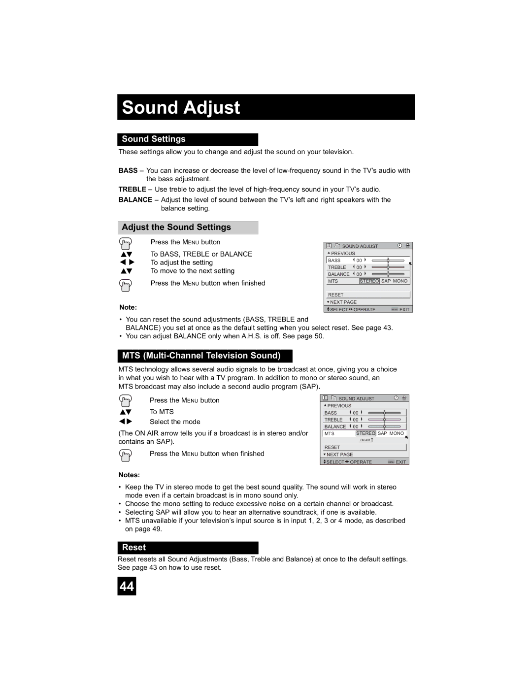 JVC LT-26WX84 manual Sound Adjust, Adjust the Sound Settings, MTS Multi-Channel Television Sound 