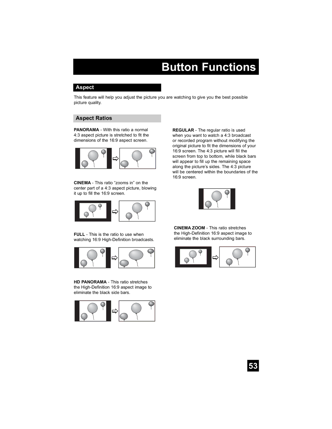 JVC LT-26WX84 manual Aspect Ratios 