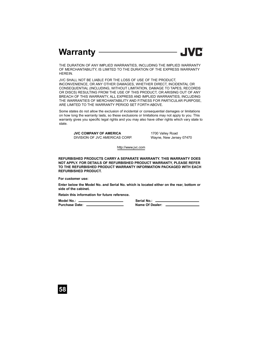 JVC LT-26WX84 manual Model No Serial No Purchase Date Name Of Dealer 