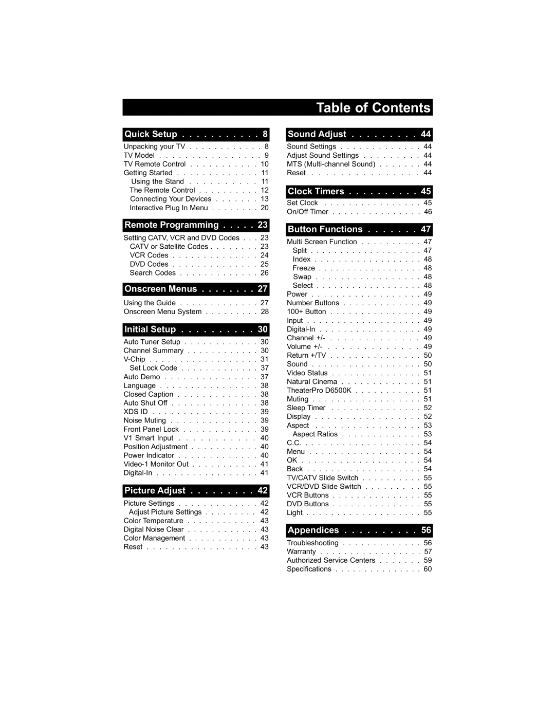 JVC LT-26WX84 manual Table of Contents 