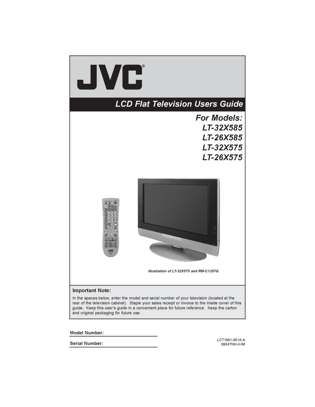 JVC LT-26X585 manual LCD Flat Television Users Guide, Important Note 