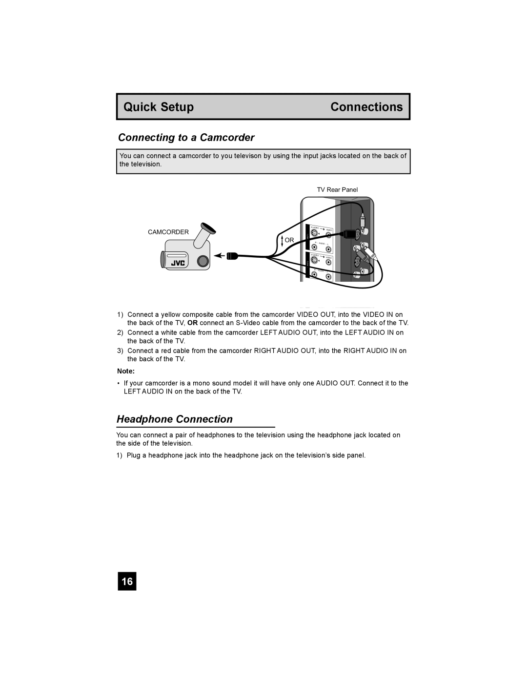 JVC LT-26X585 manual Connecting to a Camcorder, Headphone Connection 