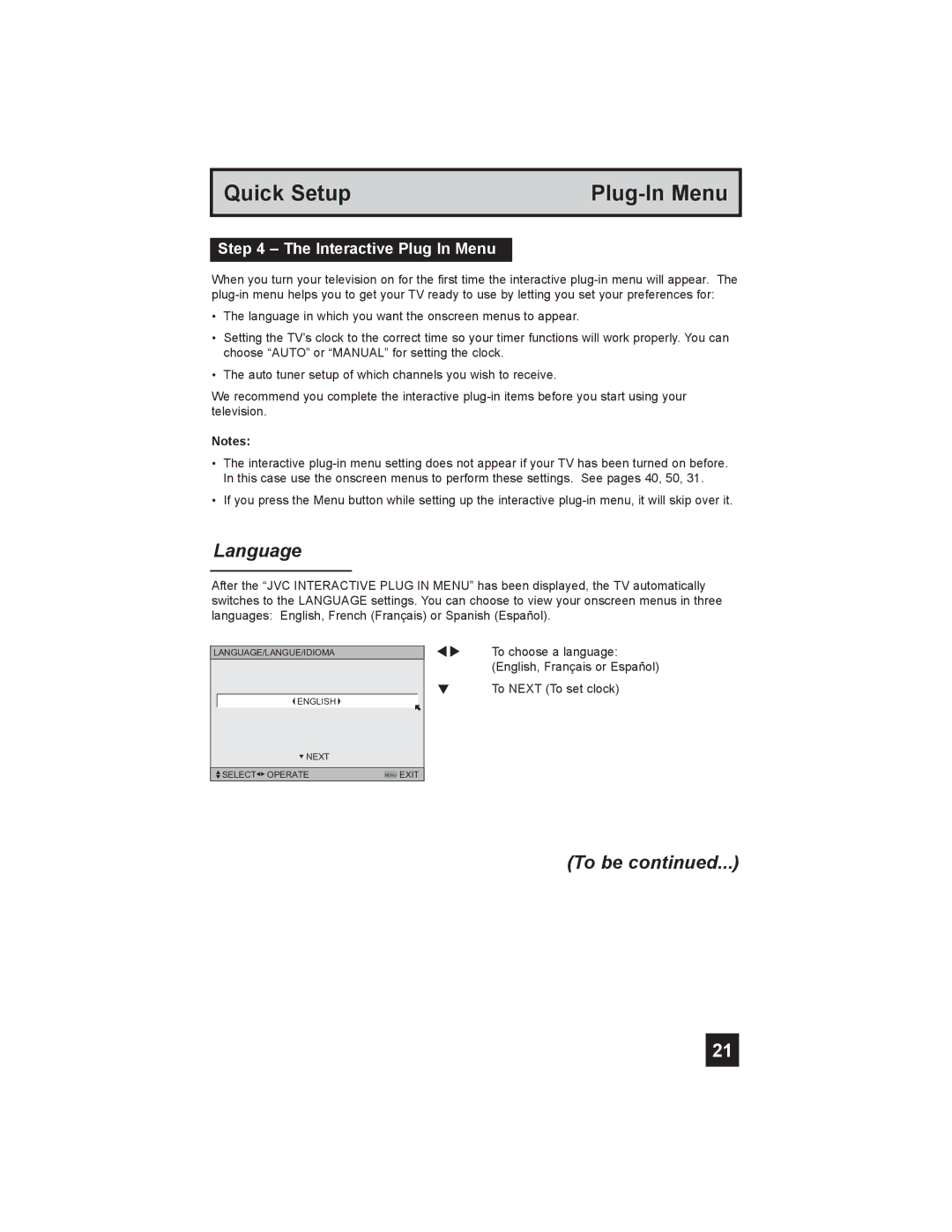 JVC LT-26X585 manual Language, To be, Interactive Plug In Menu 