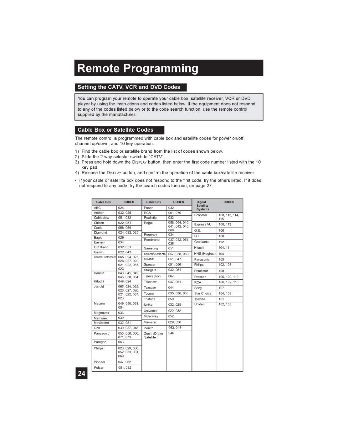 JVC LT-26X585 manual Remote Programming, Setting the CATV, VCR and DVD Codes, Cable Box or Satellite Codes 