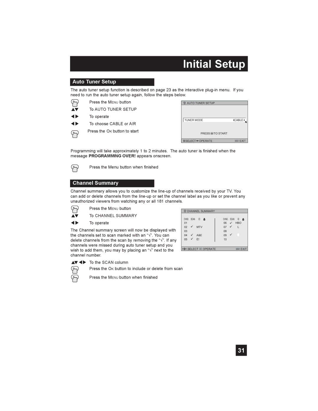 JVC LT-26X585 manual Initial Setup, Auto Tuner Setup, Channel Summary 