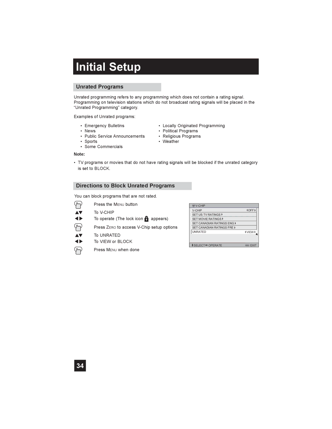 JVC LT-26X585 manual Directions to Block Unrated Programs 