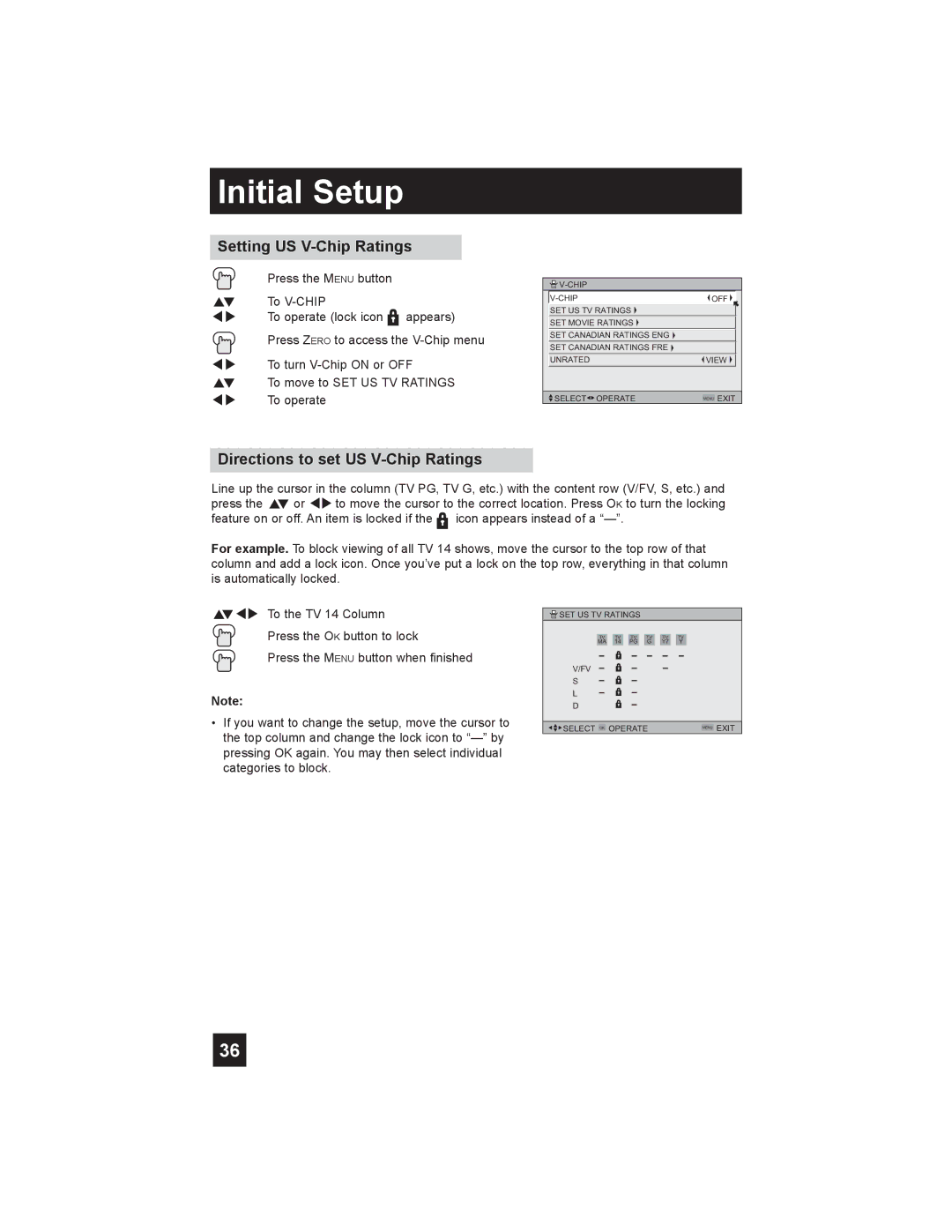 JVC LT-26X585 manual Setting US V-Chip Ratings, Directions to set US V-Chip Ratings 